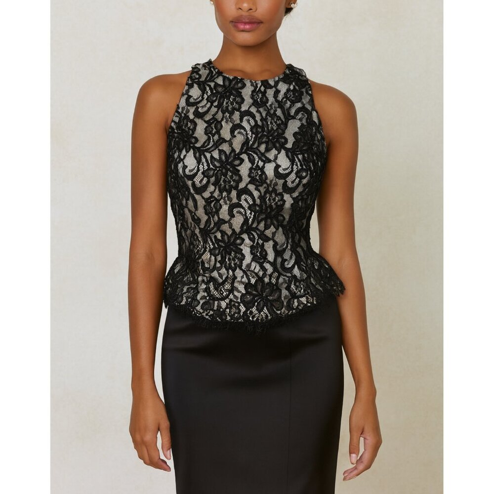 Carmen Marc Valvo Beaded Black Lace Overlay Evening Top Size 8 Formal Cocktail